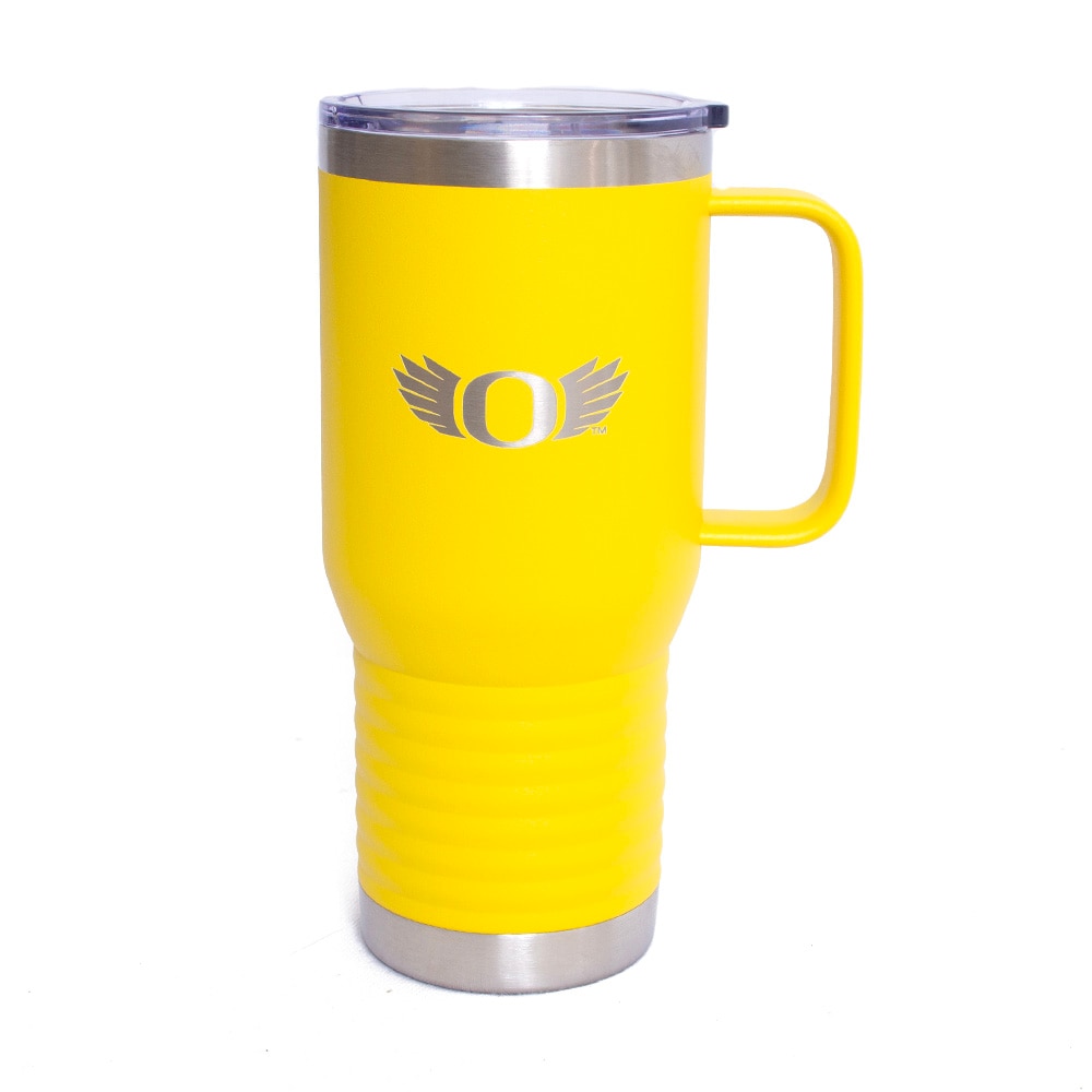 Classic Oregon O, RFSJ, Inc., Yellow, Tumblers, Metal, Home & Auto, Powder Coated, Handle, Travel mug, Laser Etched, 20 ounce, 830773